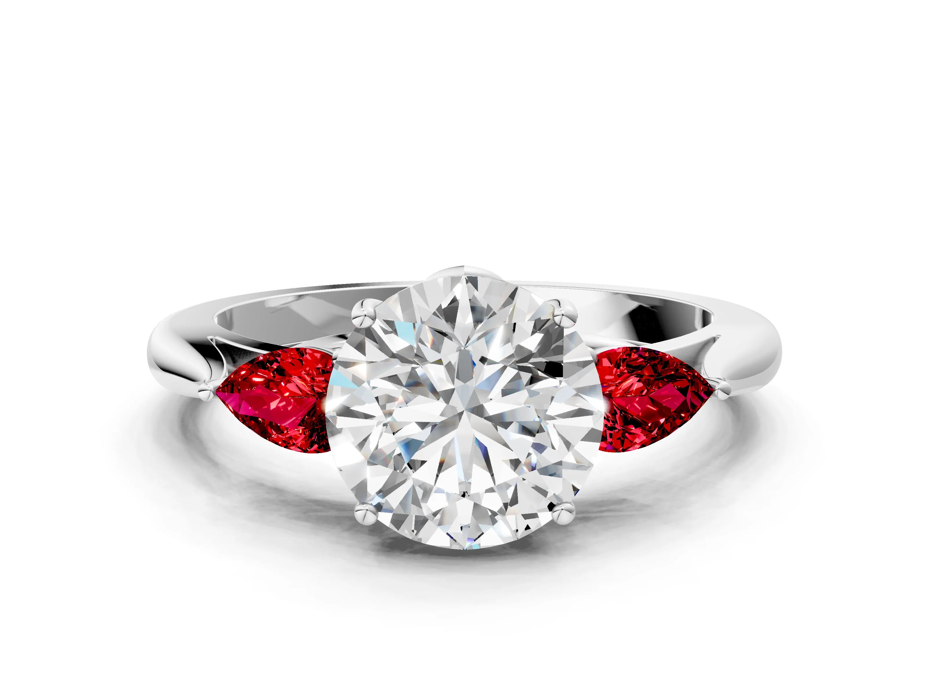 White gold Round Cut Diamond Three-Stone Ring with Pear with Ruby side stone Side Stones and Prong Setting_18