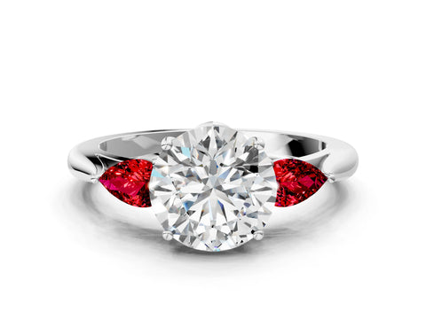 White gold Round Cut Diamond Three-Stone Ring with Pear with Ruby side stone Side Stones and Prong Setting_18