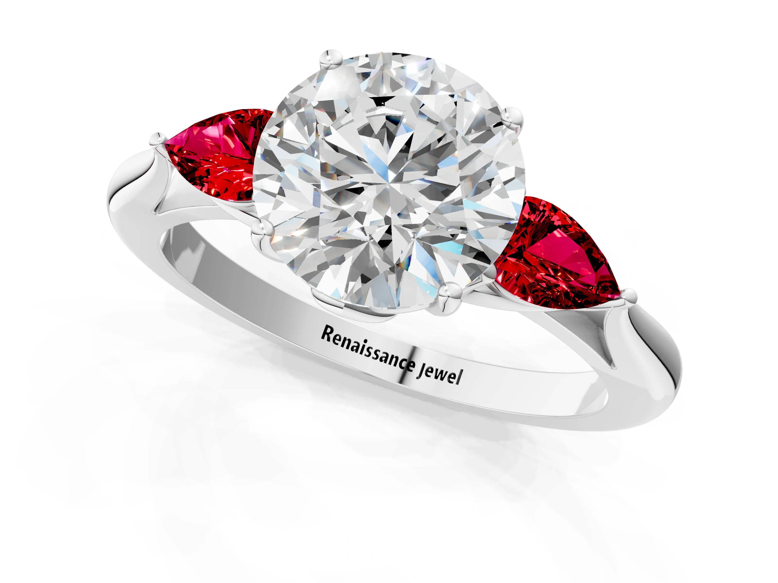 White gold Round Cut Diamond Three-Stone Ring with Pear with Ruby side stone Side Stones and Prong Setting_19
