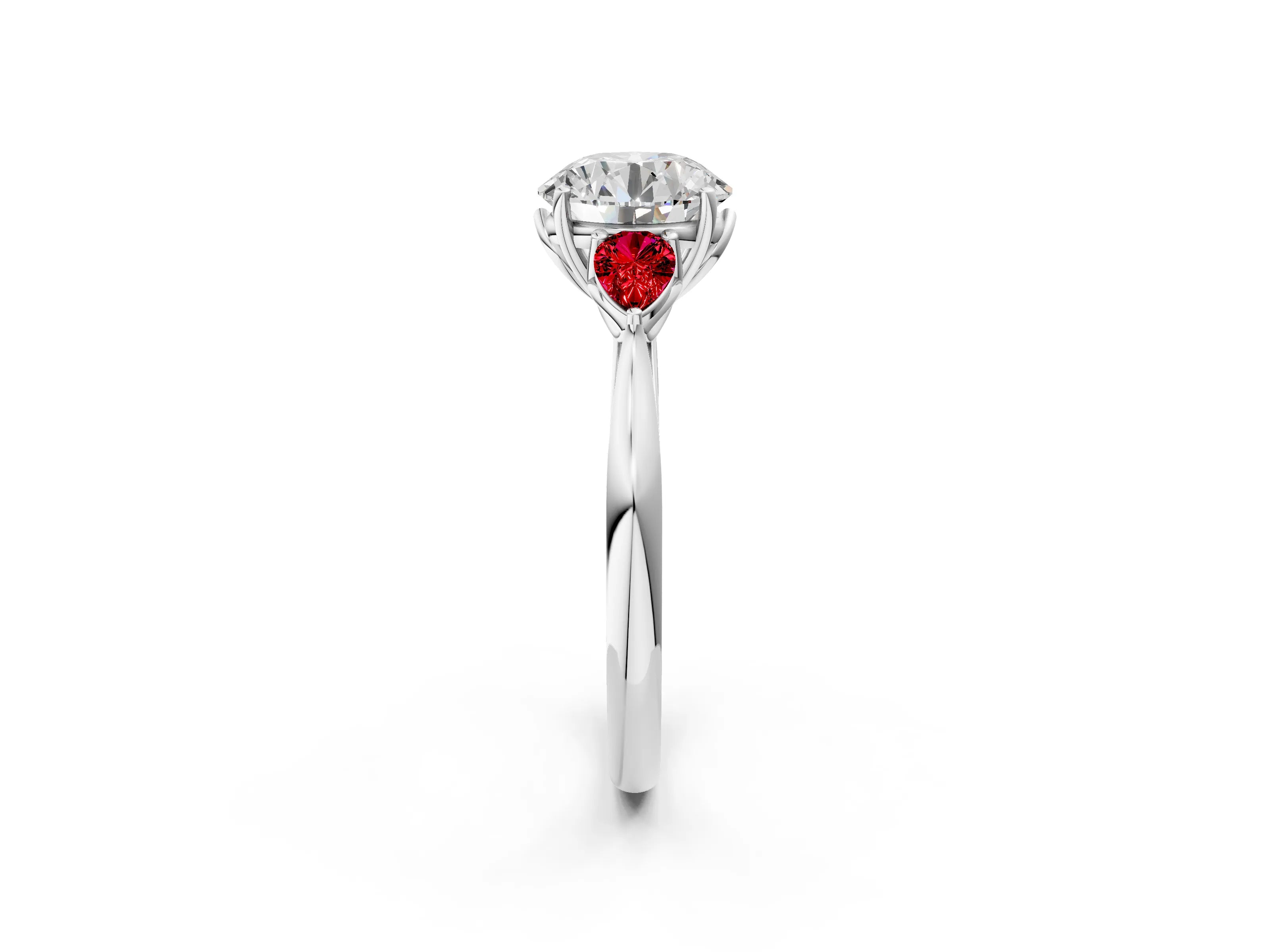 White gold Round Cut Diamond Three-Stone Ring with Pear with Ruby side stone Side Stones and Prong Setting_20