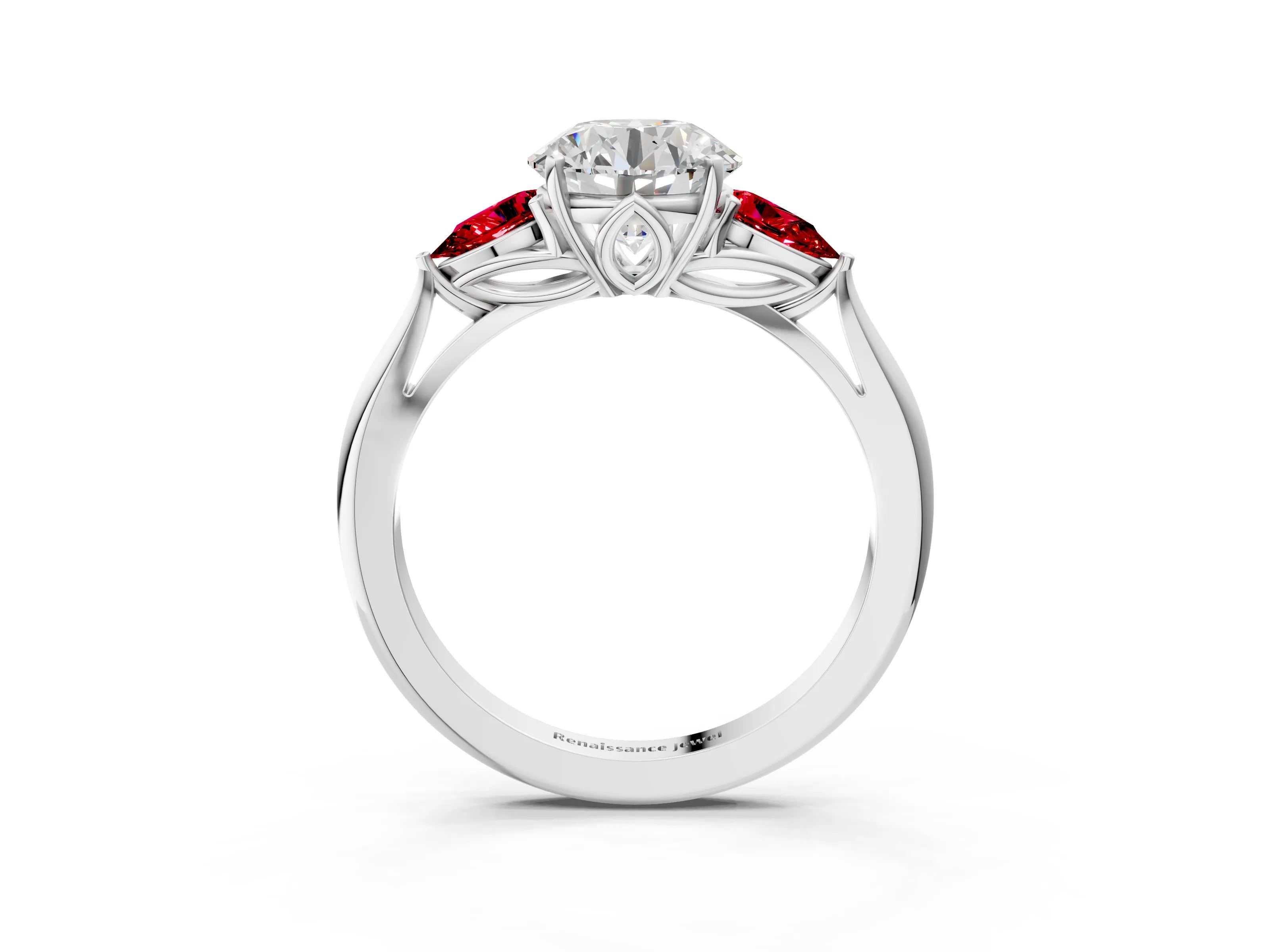 White gold Round Cut Diamond Three-Stone Ring with Pear with Ruby side stone Side Stones and Prong Setting_21