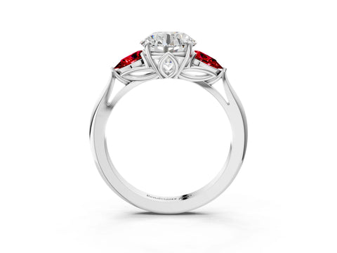 White gold Round Cut Diamond Three-Stone Ring with Pear with Ruby side stone Side Stones and Prong Setting_21