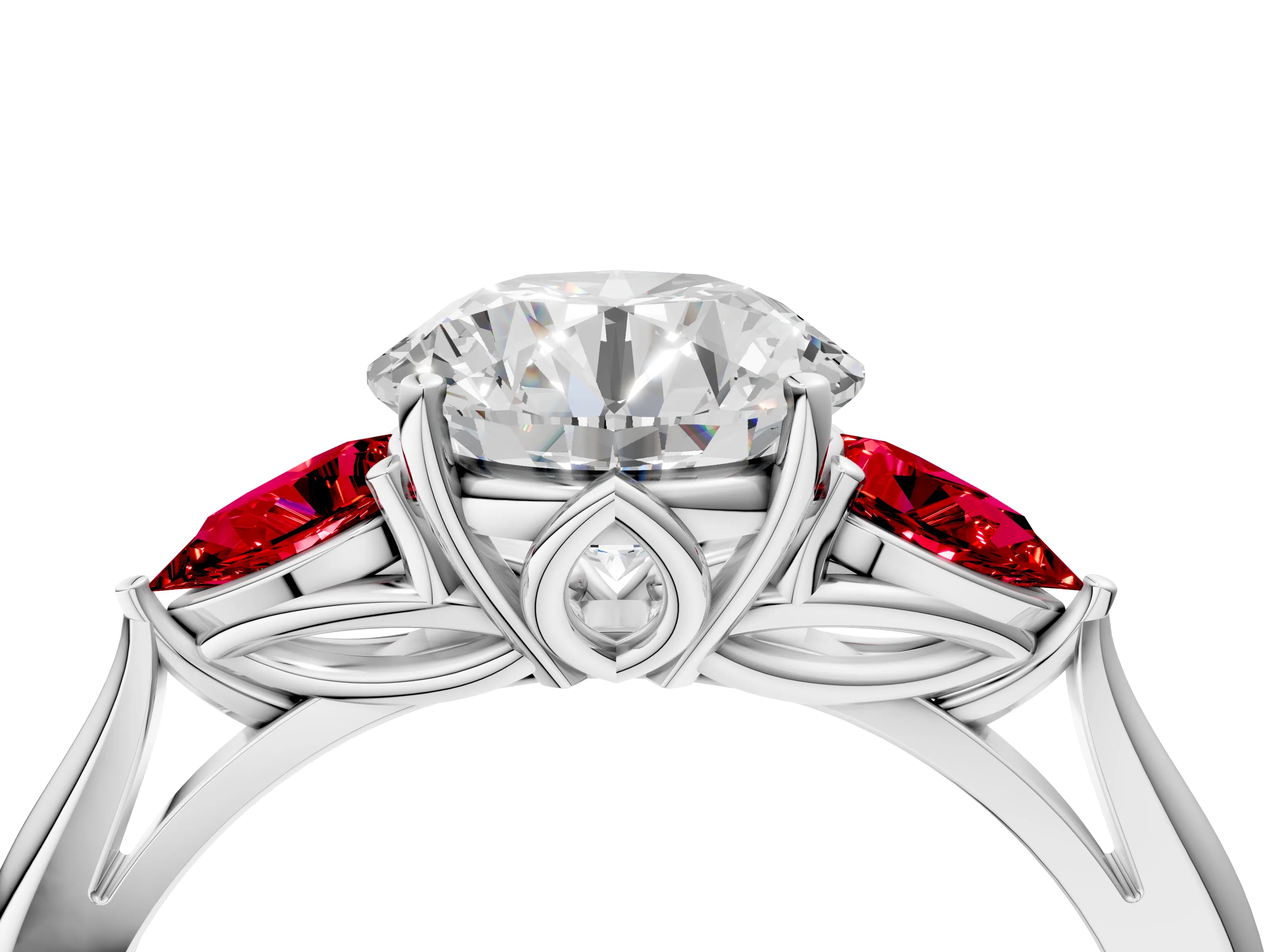 White gold Round Cut Diamond Three-Stone Ring with Pear with Ruby side stone Side Stones and Prong Setting_22