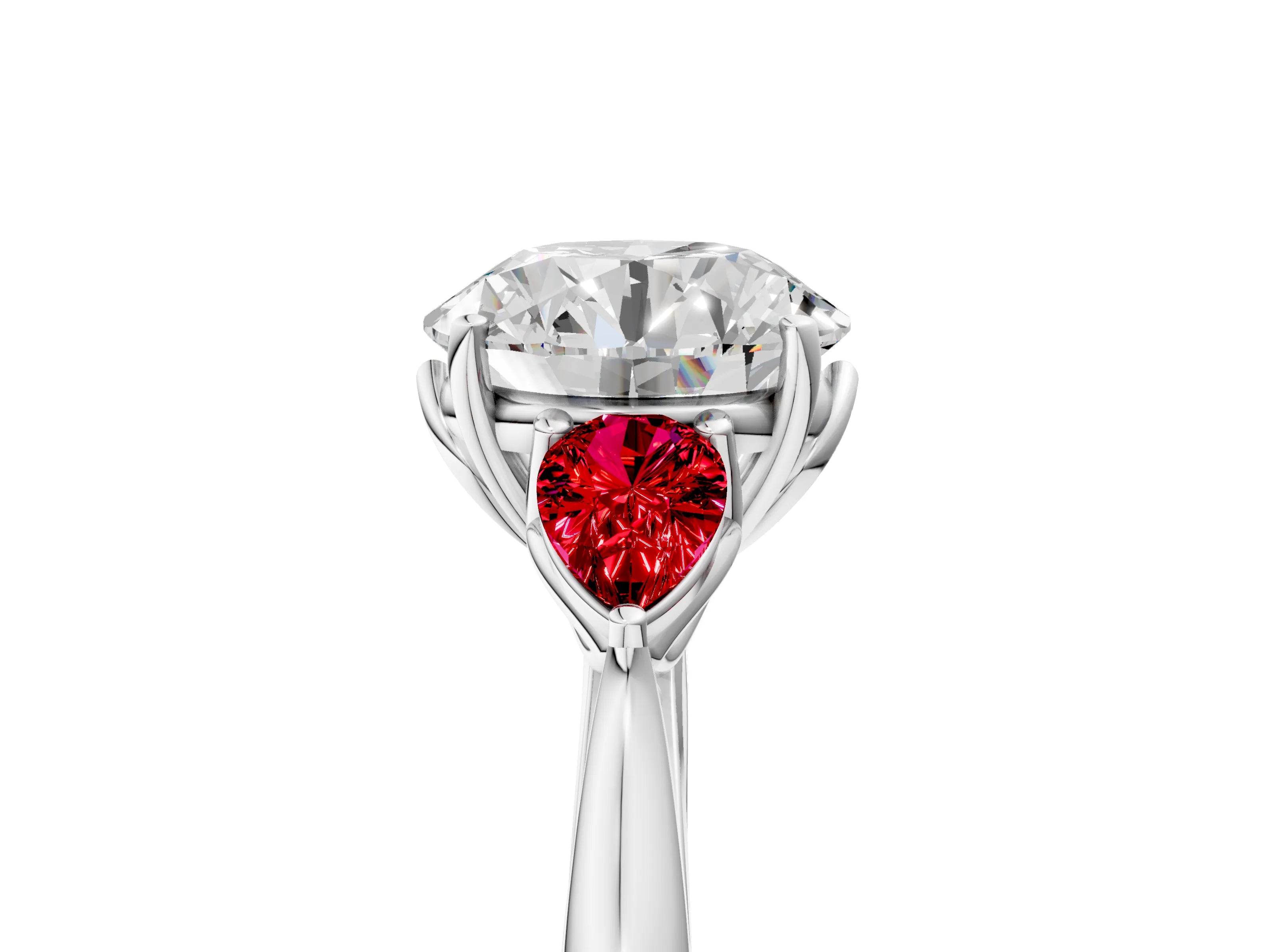 White gold Round Cut Diamond Three-Stone Ring with Pear with Ruby side stone Side Stones and Prong Setting_23