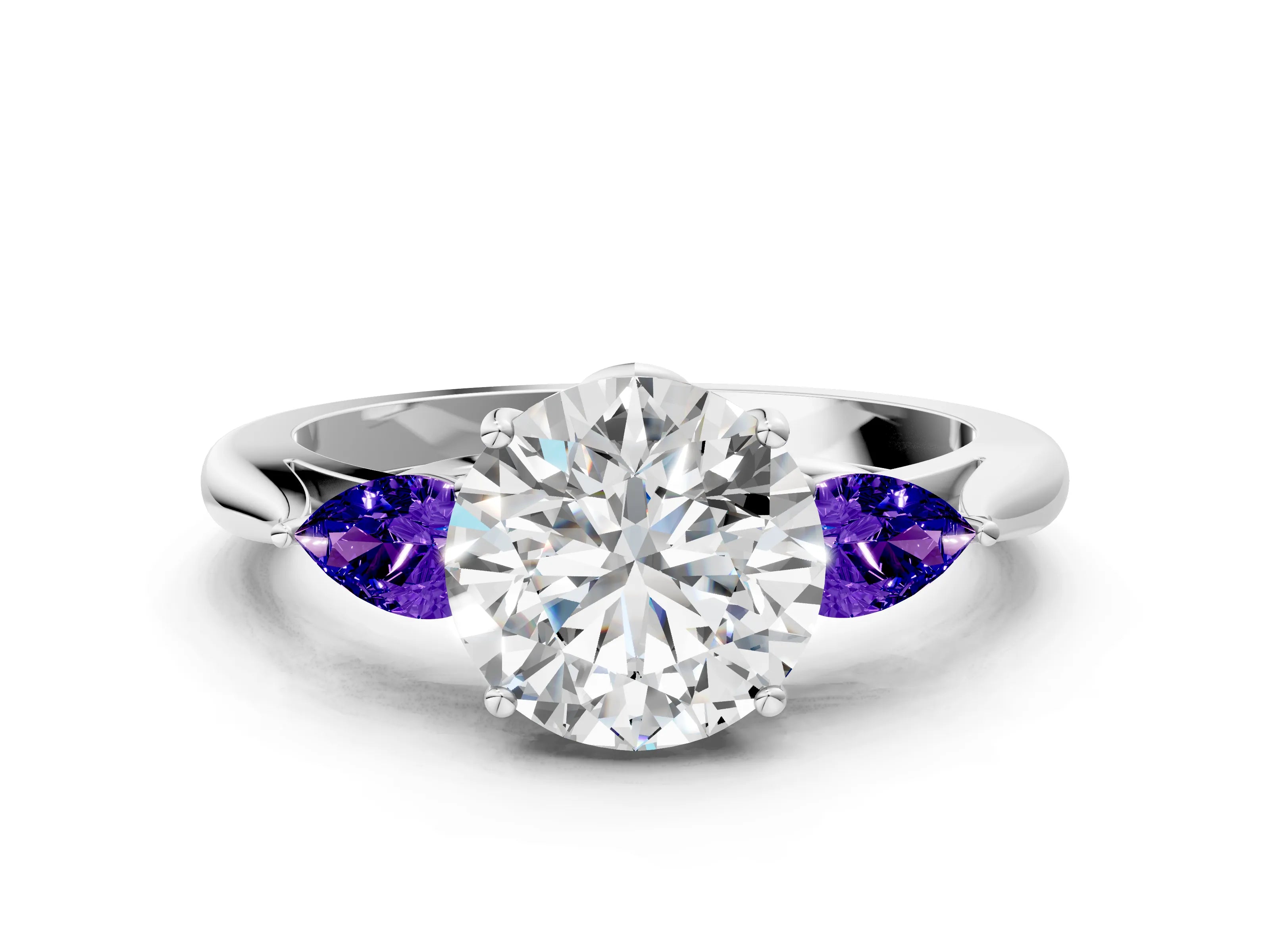 White gold Round Cut Diamond Three-Stone Ring with Pear with Tanzanite side stone Side Stones and Prong Setting_84
