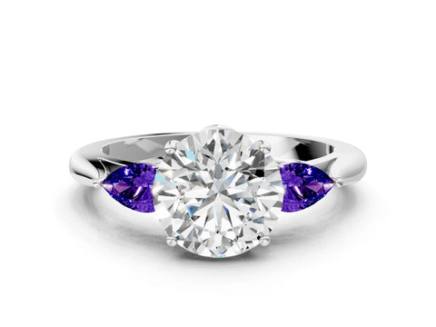 White gold Round Cut Diamond Three-Stone Ring with Pear with Tanzanite side stone Side Stones and Prong Setting_84