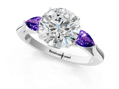 White gold Round Cut Diamond Three-Stone Ring with Pear with Tanzanite side stone Side Stones and Prong Setting_85