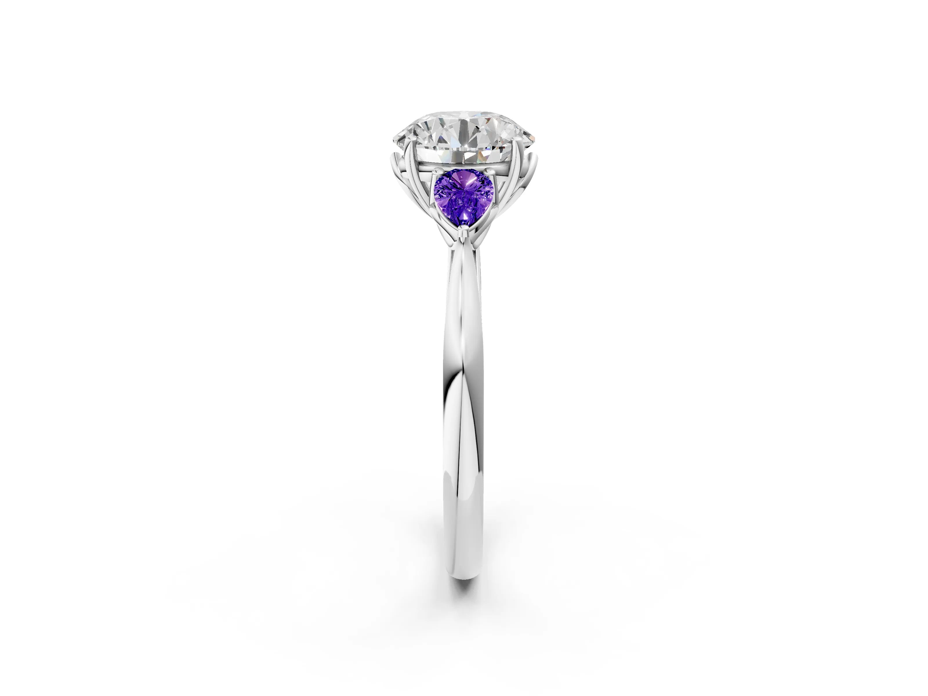 White gold Round Cut Diamond Three-Stone Ring with Pear with Tanzanite side stone Side Stones and Prong Setting_86