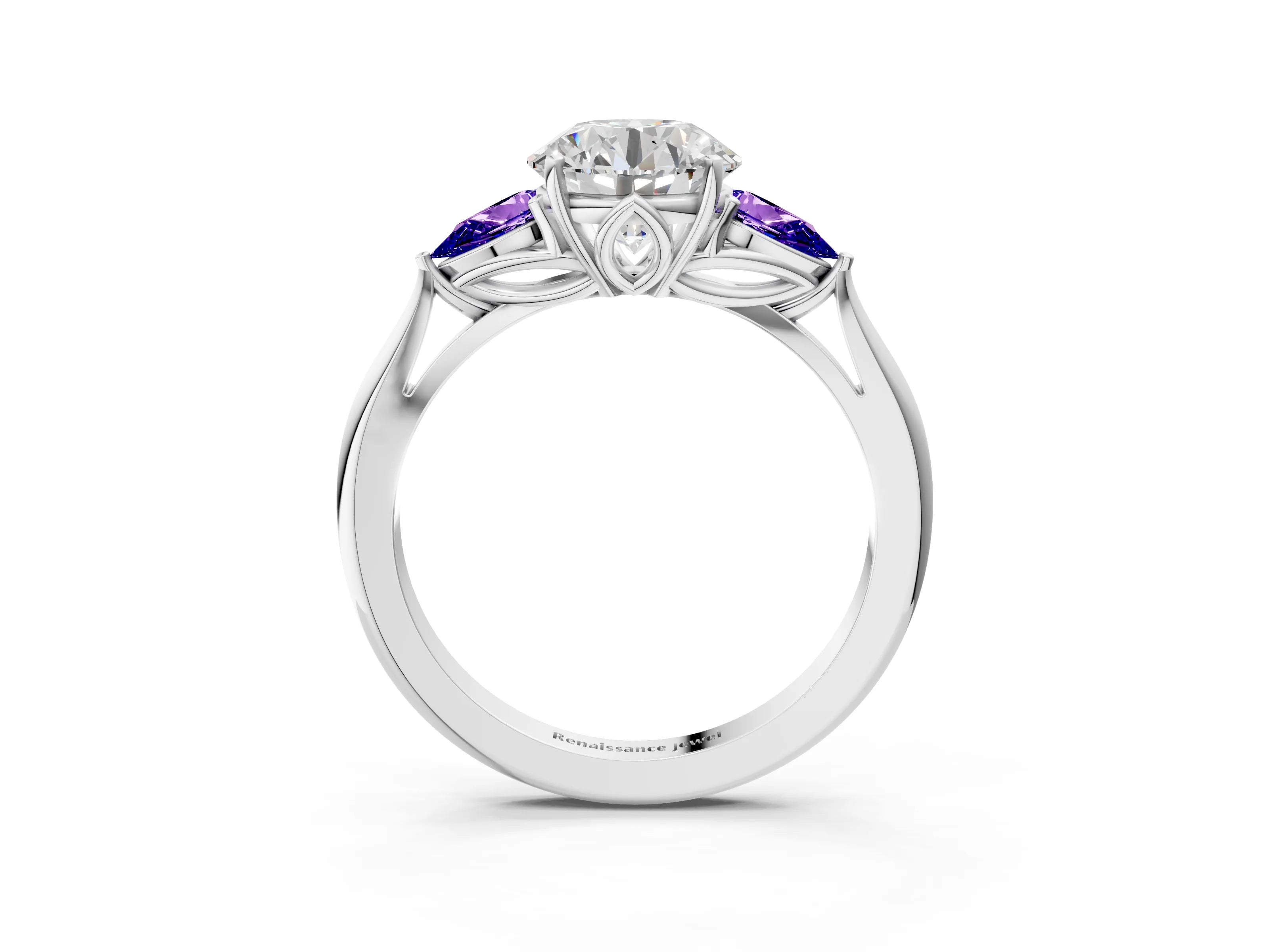 White gold Round Cut Diamond Three-Stone Ring with Pear with Tanzanite side stone Side Stones and Prong Setting_87