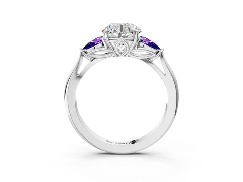 White gold Round Cut Diamond Three-Stone Ring with Pear with Tanzanite side stone Side Stones and Prong Setting_87