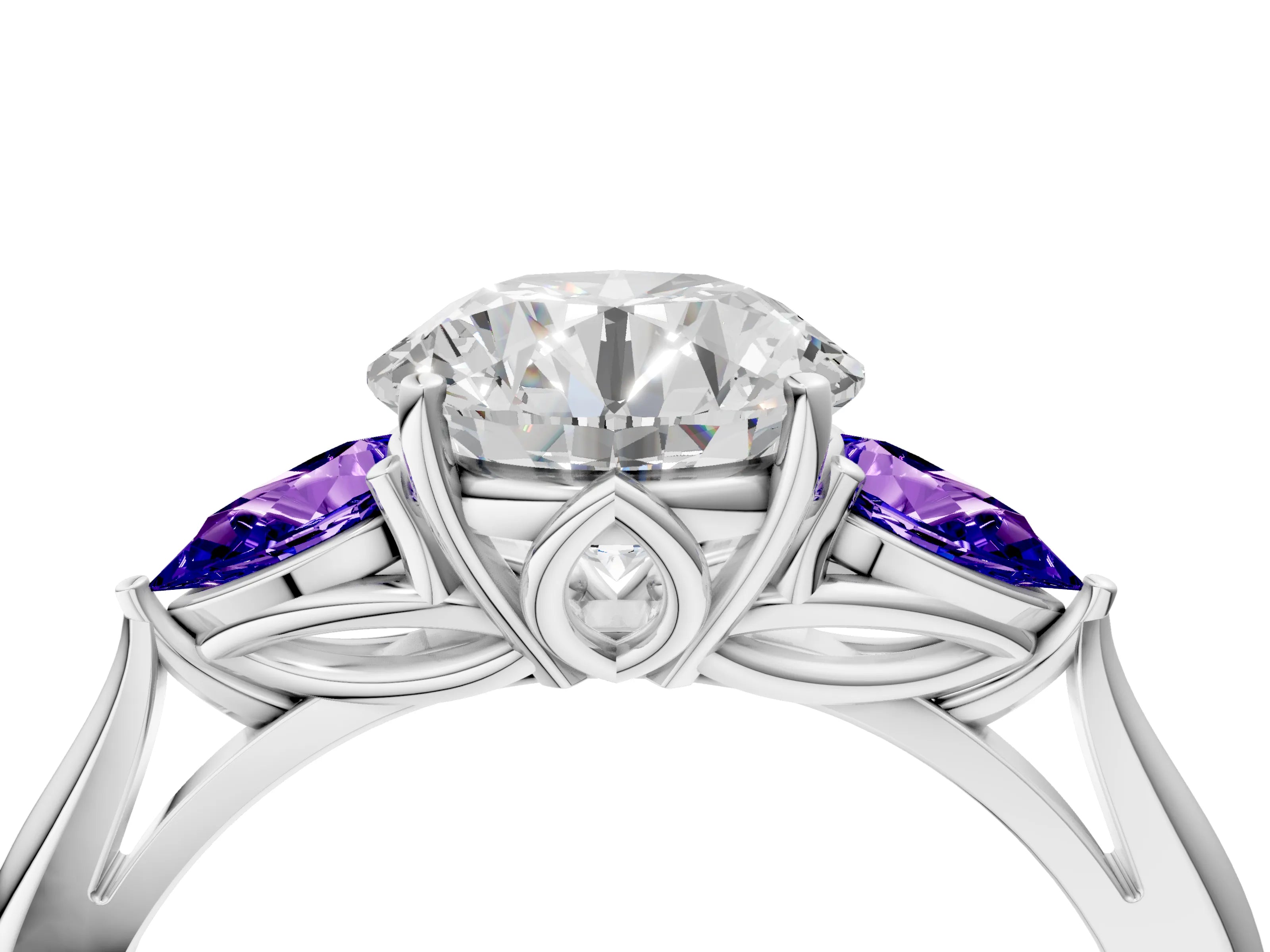White gold Round Cut Diamond Three-Stone Ring with Pear with Tanzanite side stone Side Stones and Prong Setting_88