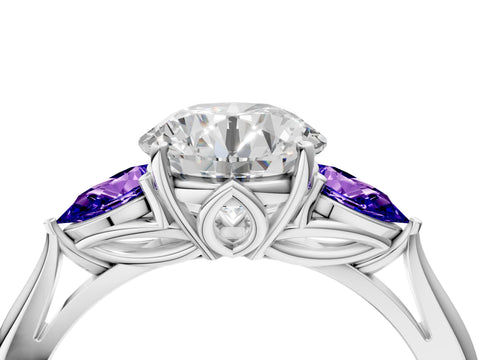 White gold Round Cut Diamond Three-Stone Ring with Pear with Tanzanite side stone Side Stones and Prong Setting_88