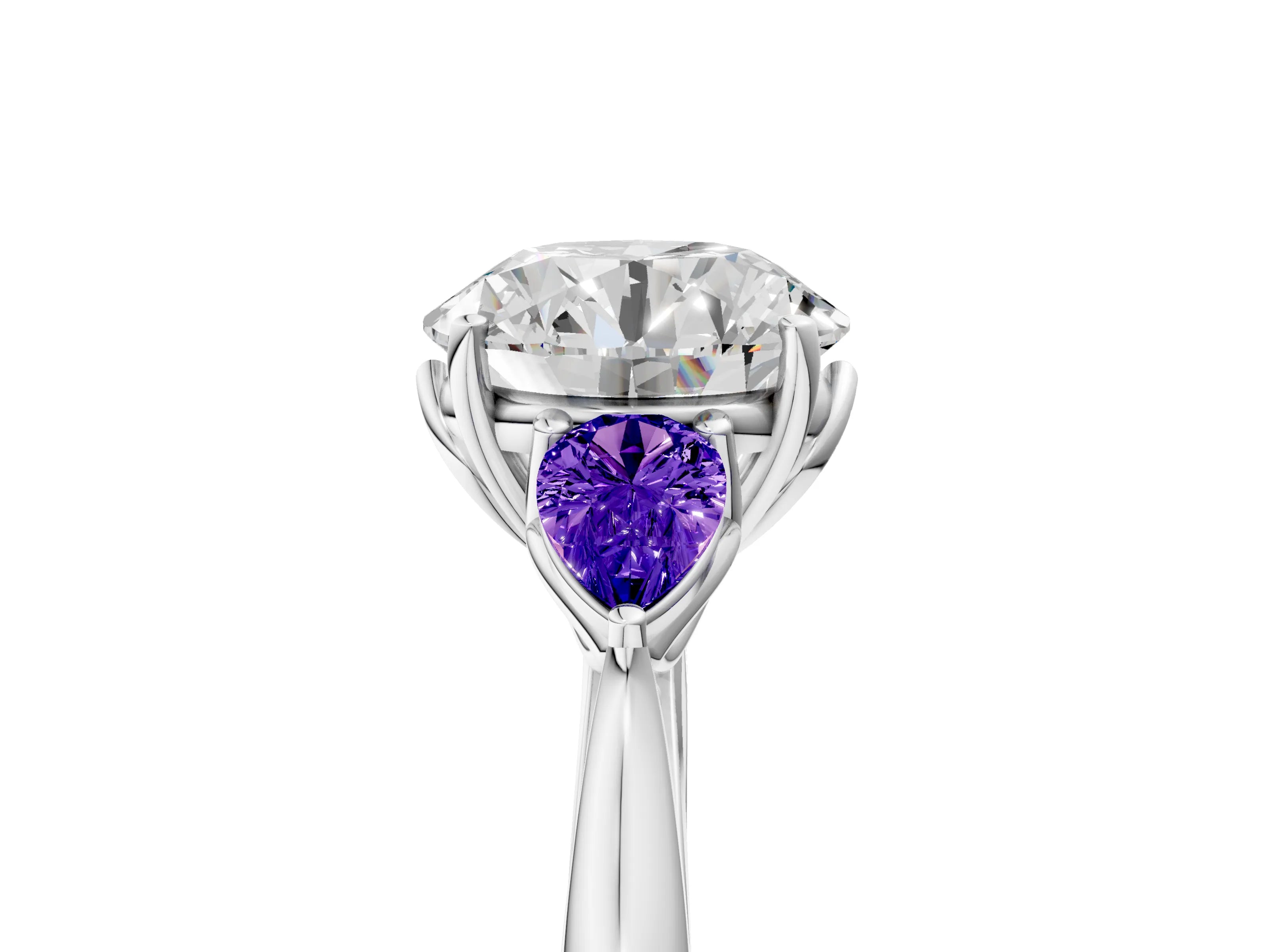 White gold Round Cut Diamond Three-Stone Ring with Pear with Tanzanite side stone Side Stones and Prong Setting_89