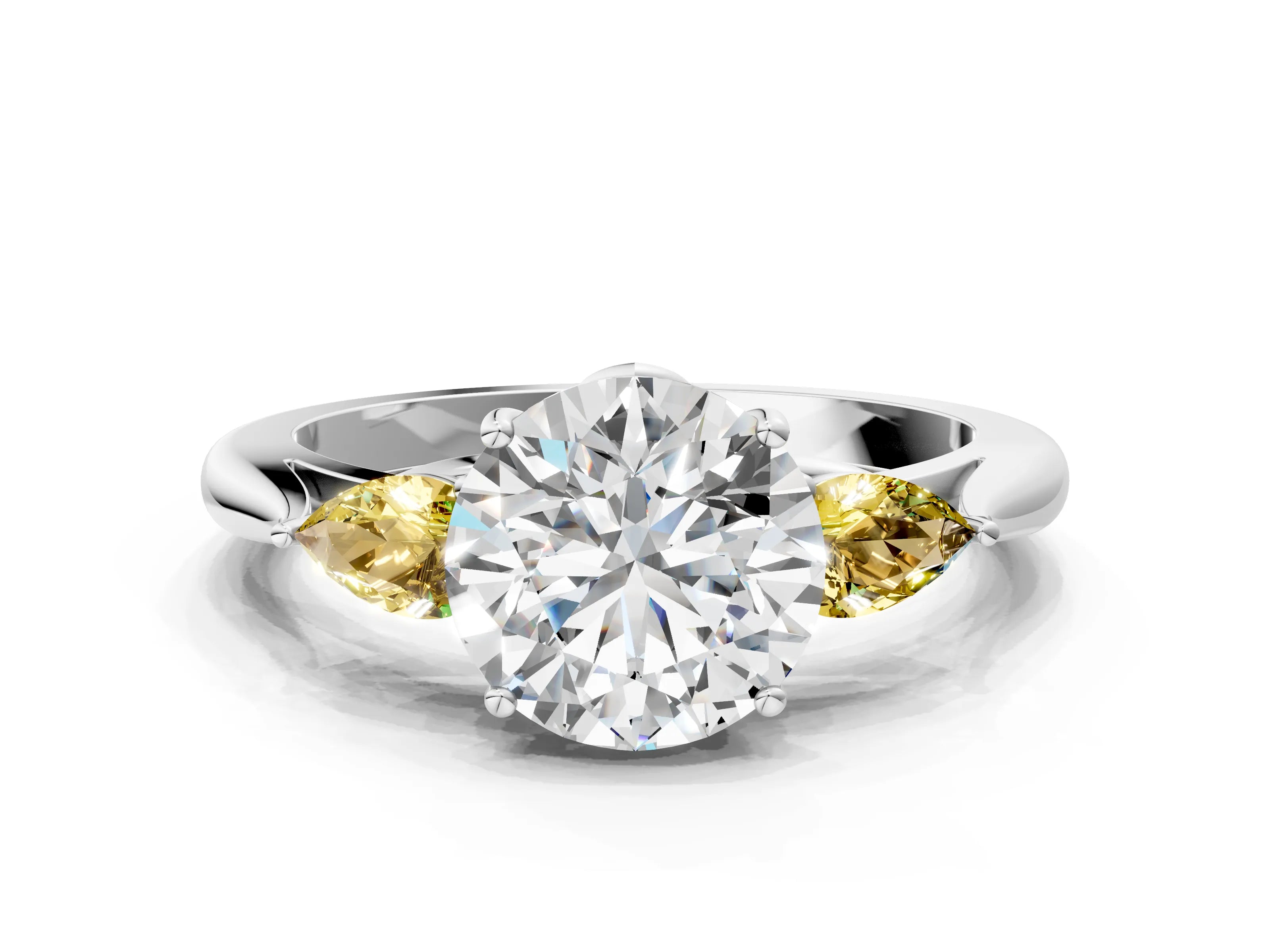 White gold Round Cut Diamond Three-Stone Ring with Pear with Yellow Sapphire side stone Side Stones and Prong Setting_144