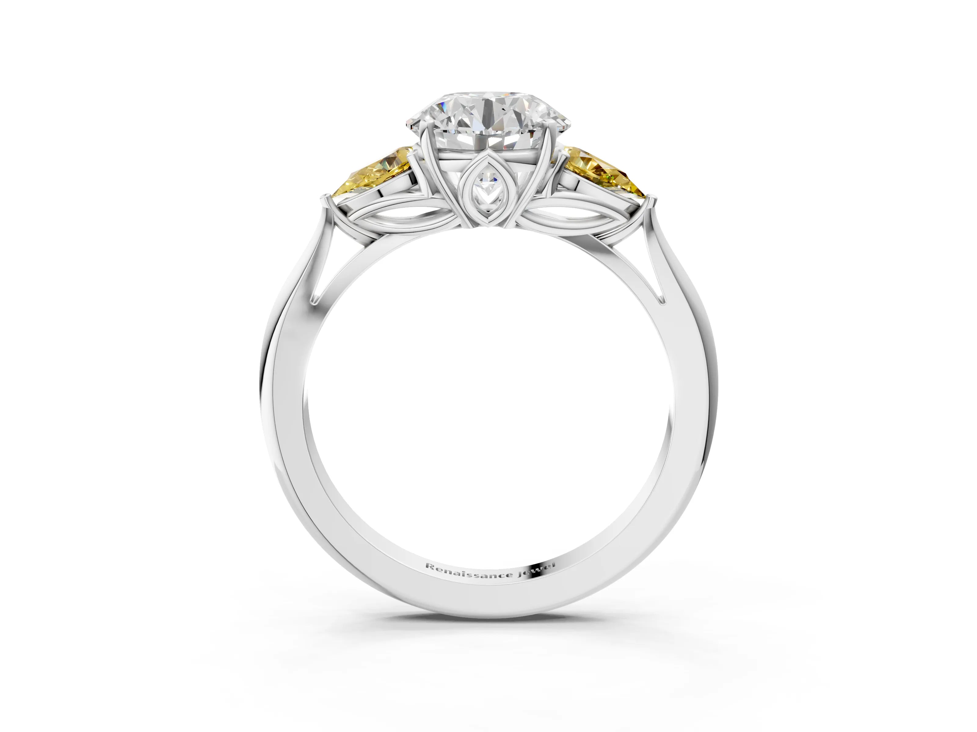 White gold Round Cut Diamond Three-Stone Ring with Pear with Yellow Sapphire side stone Side Stones and Prong Setting_147
