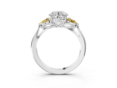 White gold Round Cut Diamond Three-Stone Ring with Pear with Yellow Sapphire side stone Side Stones and Prong Setting_147