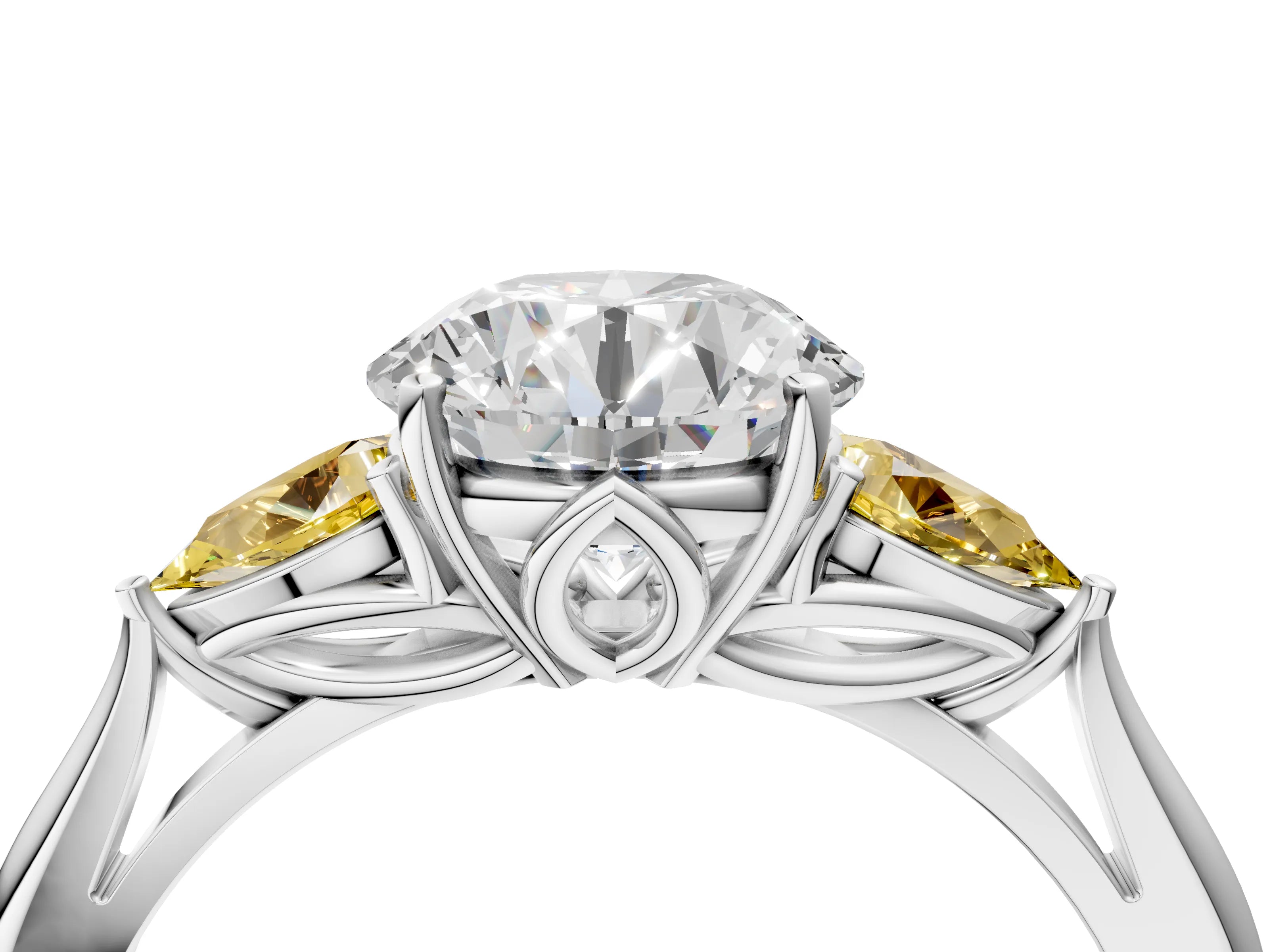 White gold Round Cut Diamond Three-Stone Ring with Pear with Yellow Sapphire side stone Side Stones and Prong Setting_148