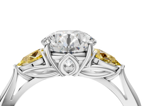 White gold Round Cut Diamond Three-Stone Ring with Pear with Yellow Sapphire side stone Side Stones and Prong Setting_148