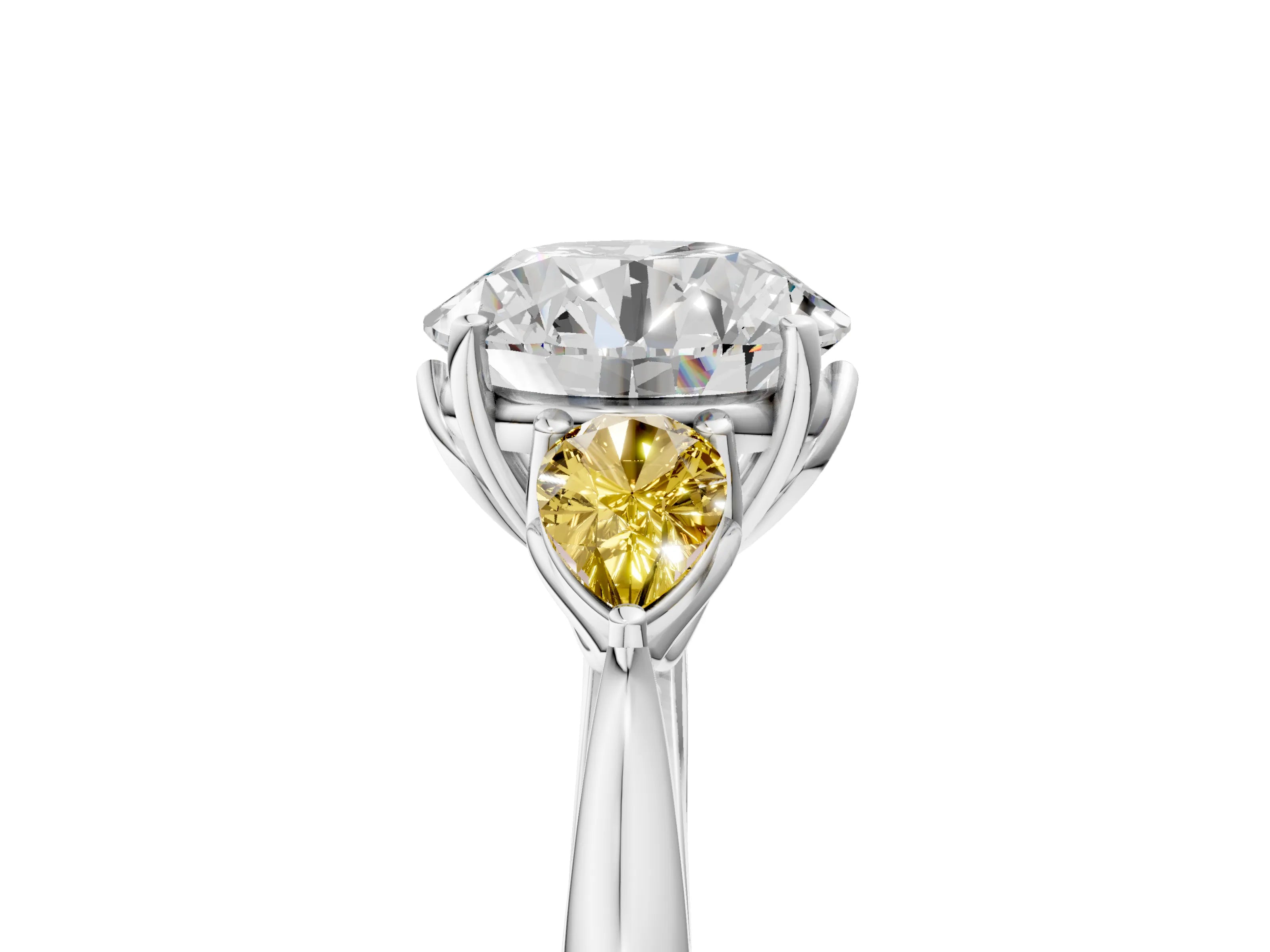 White gold Round Cut Diamond Three-Stone Ring with Pear with Yellow Sapphire side stone Side Stones and Prong Setting_149