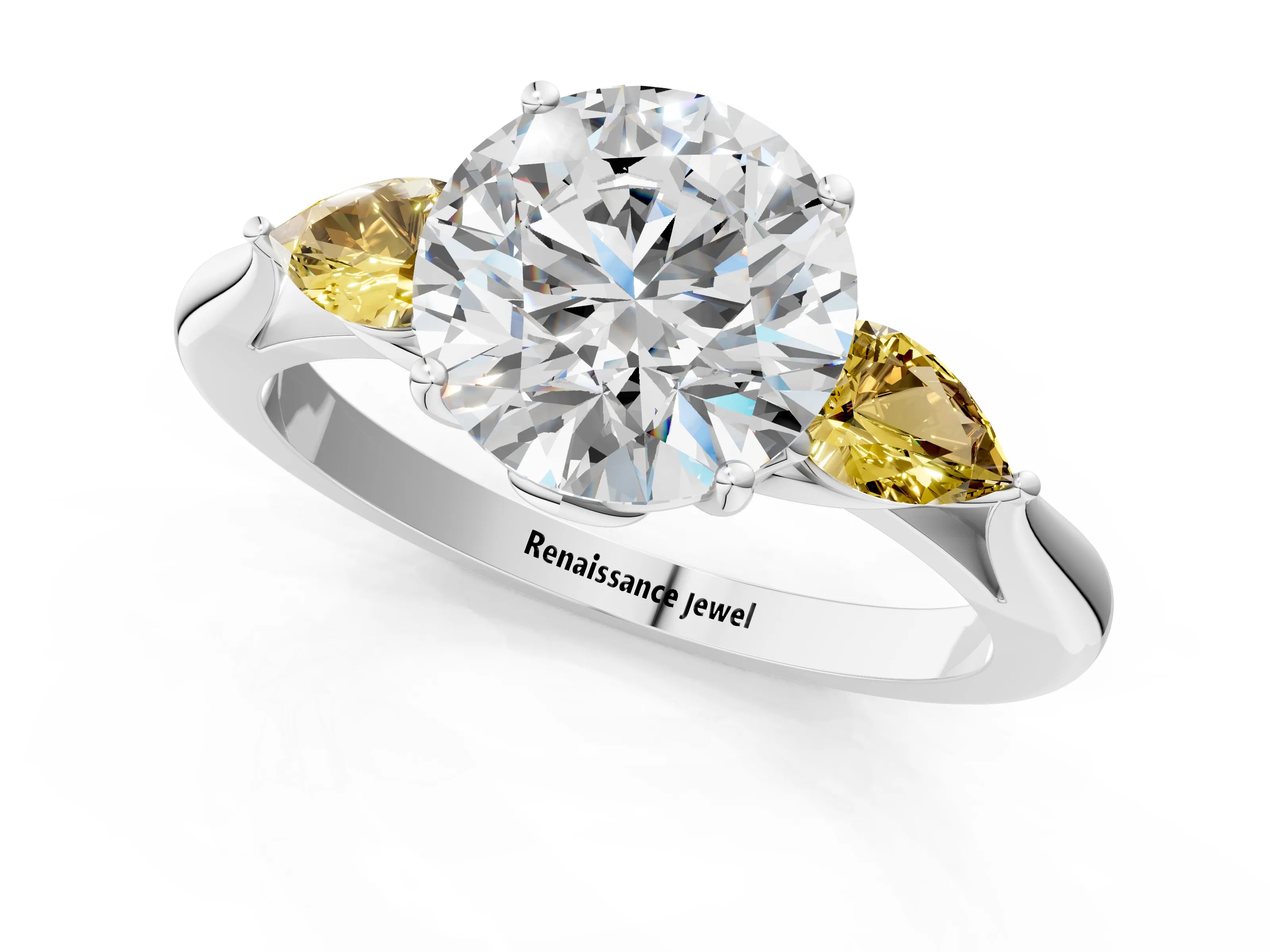 White gold Round Cut Diamond Three-Stone Ring with Pear with Yellow Sapphire side stone Side Stones and Prong Setting_25