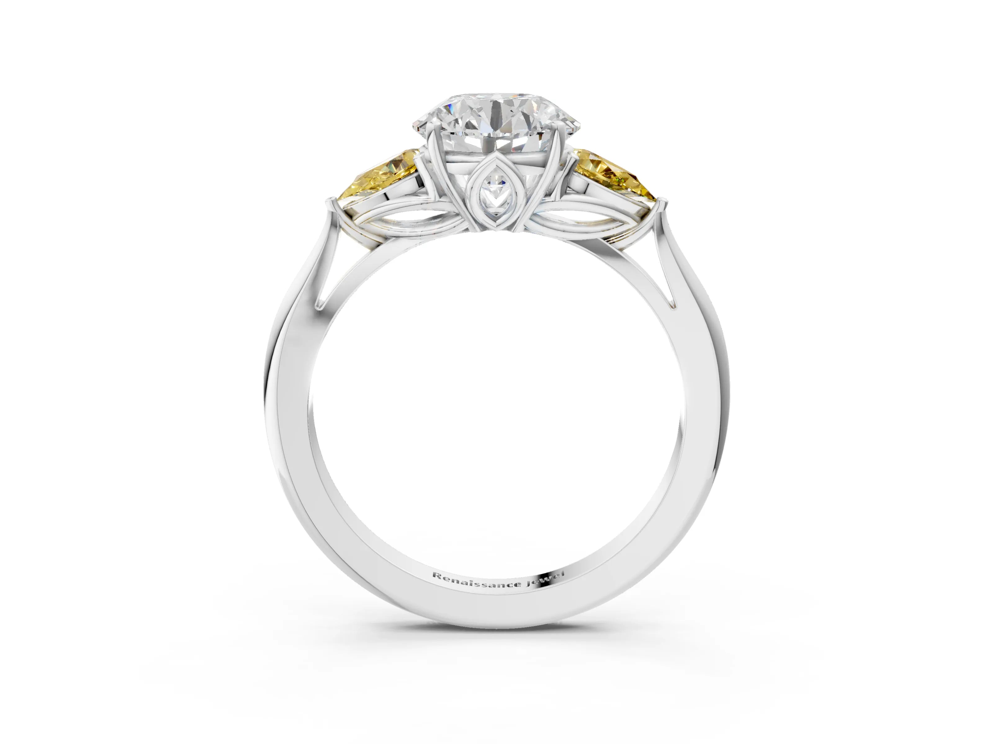 White gold Round Cut Diamond Three-Stone Ring with Pear with Yellow Sapphire side stone Side Stones and Prong Setting_27