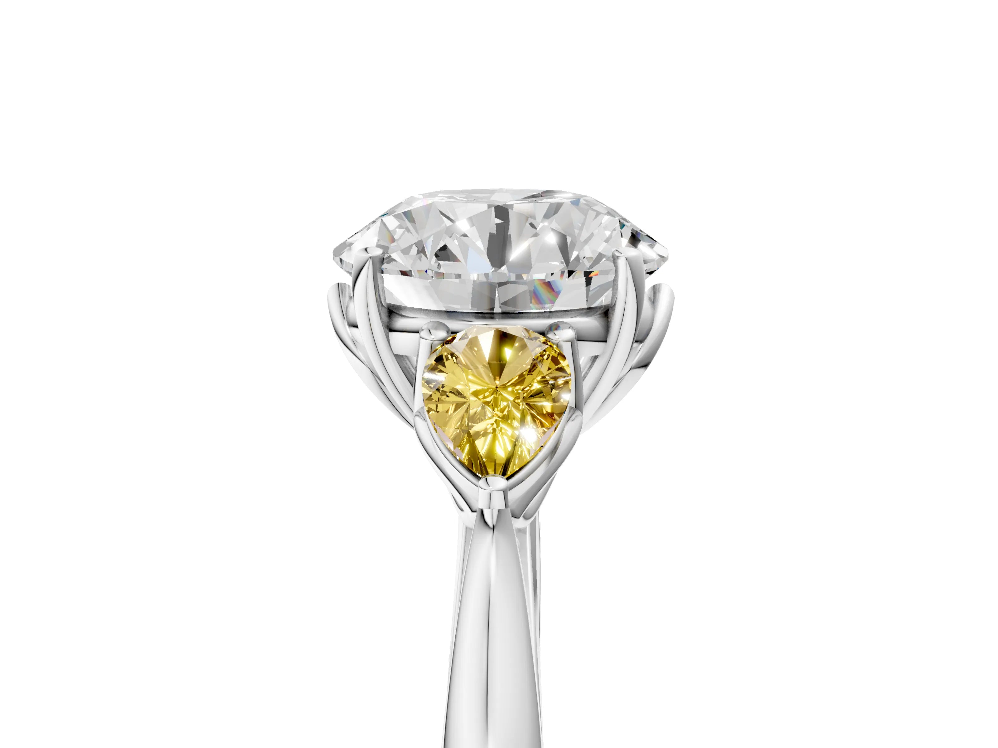 White gold Round Cut Diamond Three-Stone Ring with Pear with Yellow Sapphire side stone Side Stones and Prong Setting_29