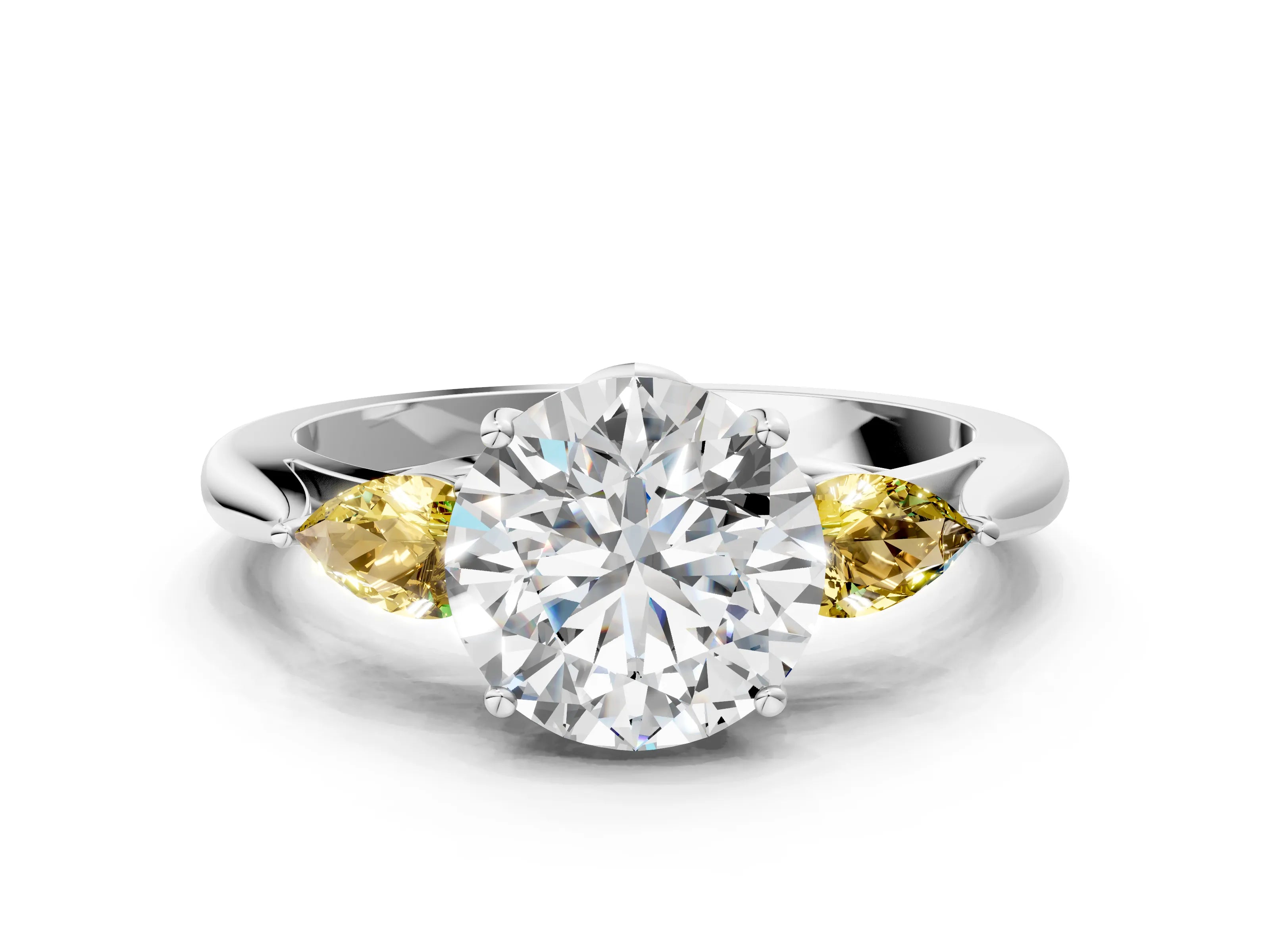 White gold Round Cut Diamond Three-Stone Ring with Pear with Yellow Sapphire side stone Side Stones and Prong Setting_66