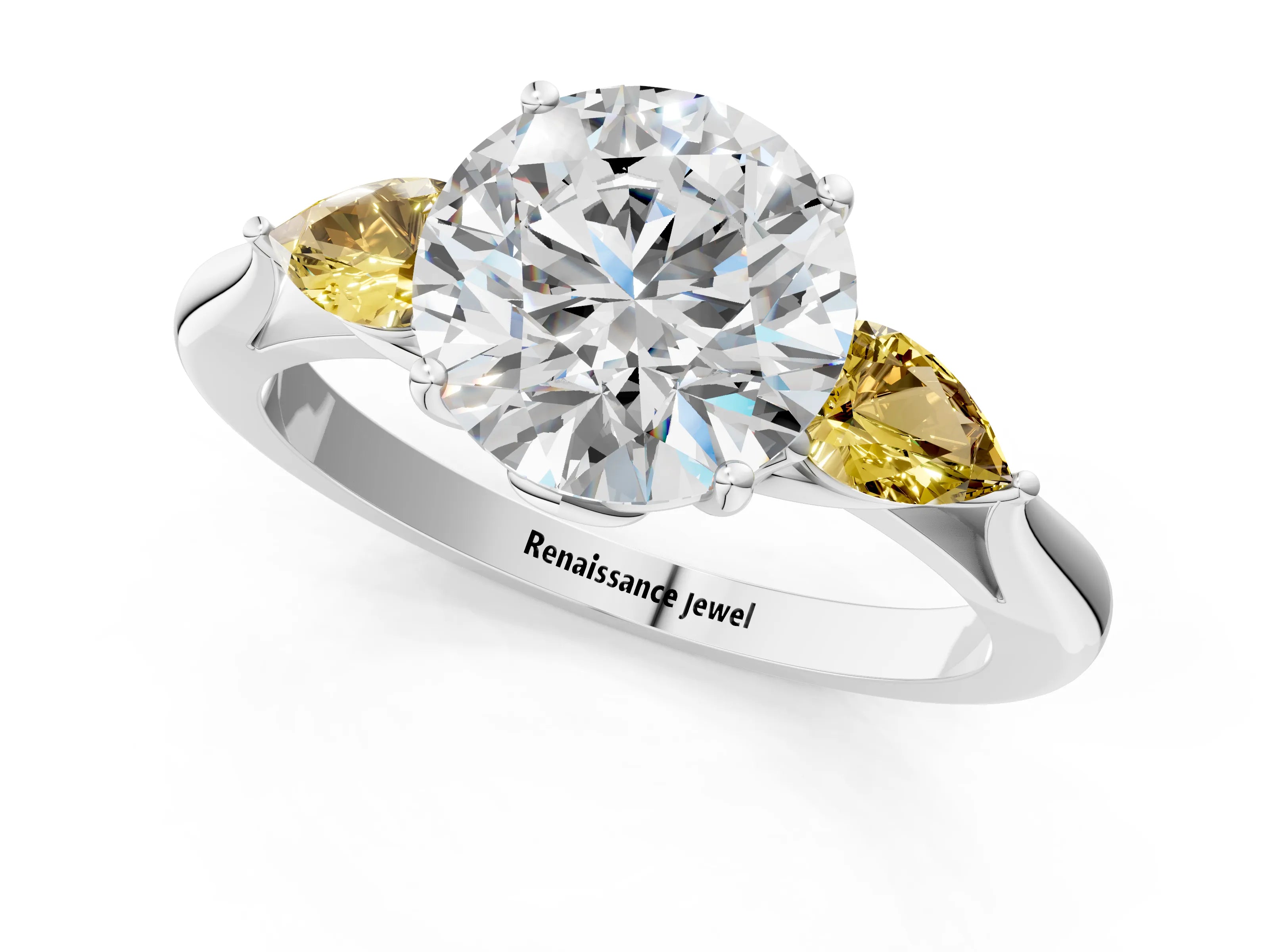 White gold Round Cut Diamond Three-Stone Ring with Pear with Yellow Sapphire side stone Side Stones and Prong Setting_67