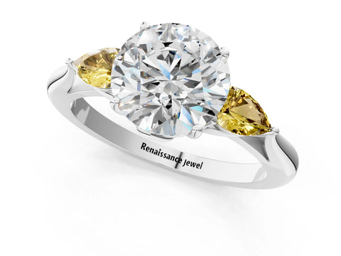White gold Round Cut Diamond Three-Stone Ring with Pear with Yellow Sapphire side stone Side Stones and Prong Setting_67