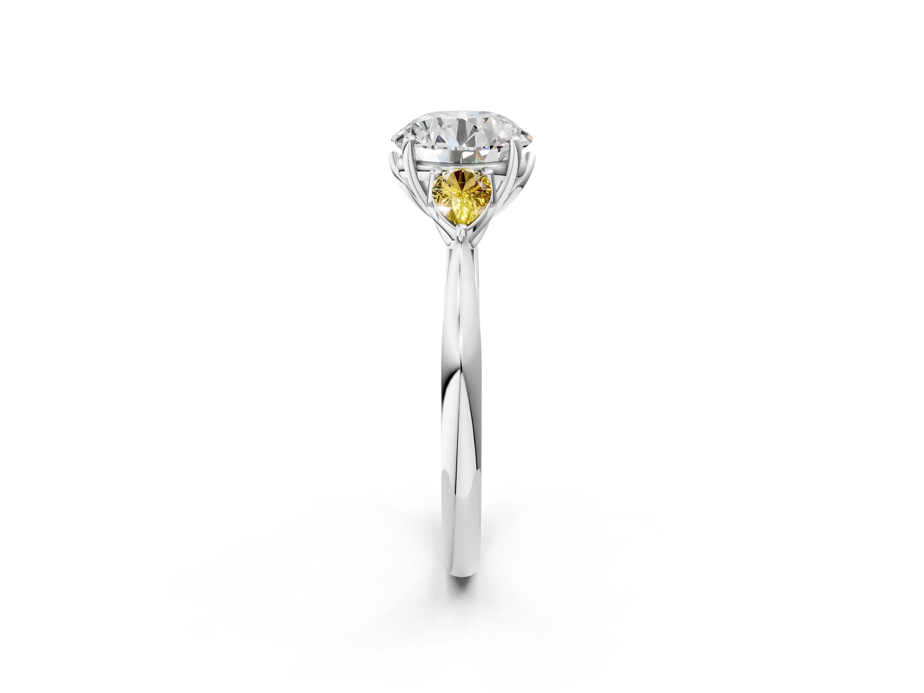 White gold Round Cut Diamond Three-Stone Ring with Pear with Yellow Sapphire side stone Side Stones and Prong Setting_68