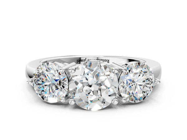 10K White Gold 1.50 Carat D VS1 Round Diamond Three-Stone Ring with Prong Setting and Classic Band