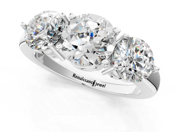 10K White Gold 1.50 Carat D VS1 Round Diamond Three-Stone Ring with Prong Setting and Classic Band