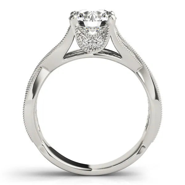 White gold Round Cut Diamond Twisted Band with Milgrain Pave Setting and Four-Prong Setting