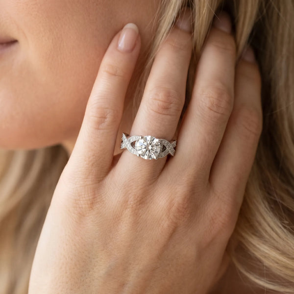 White gold Princess Cut Cut Diamond Twisted Band with Milgrain Pave Setting and Four-Prong Setting