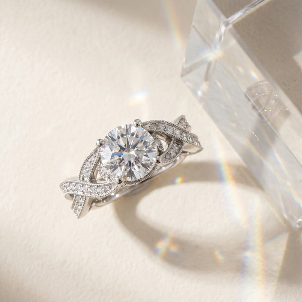 White gold Princess Cut Cut Diamond Twisted Band with Milgrain Pave Setting and Four-Prong Setting
