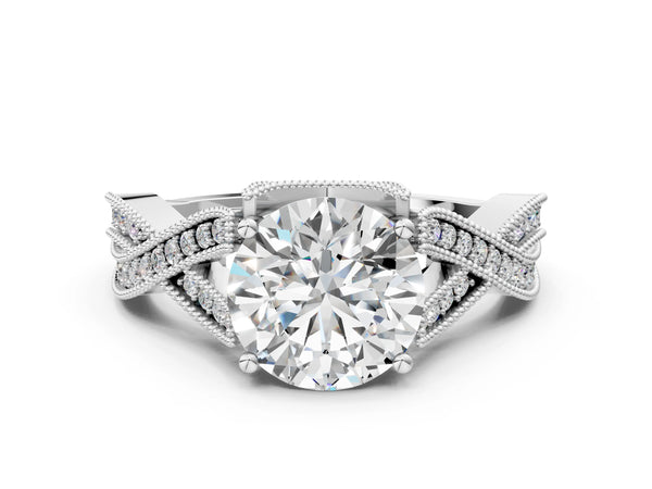 White gold Round Cut Diamond Twisted Band with Milgrain Pave Setting and Four-Prong Setting