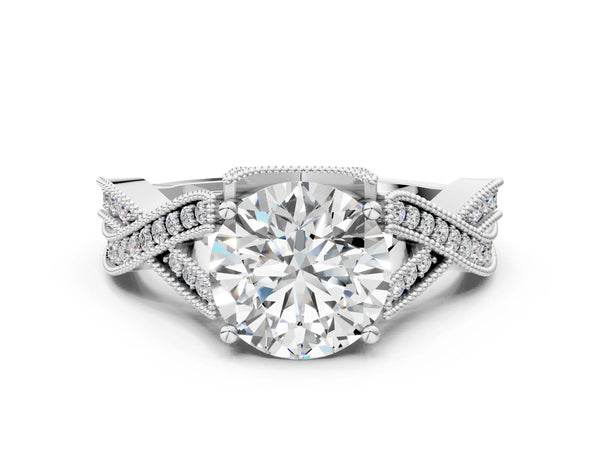 White gold Round Cut Diamond Twisted Band with Milgrain Pave Setting and Four-Prong Setting