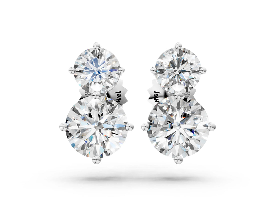 White gold Round Cut Diamond Two Stone Stud Earrings