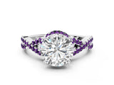 White gold Round Cut Diamond with Amethyst side stone Halo Twist Band Solitaire Prong Setting Ring_12