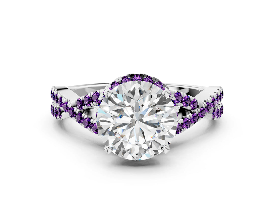 White gold Round Cut Diamond with Amethyst side stone Halo Twist Band Solitaire Prong Setting Ring_13