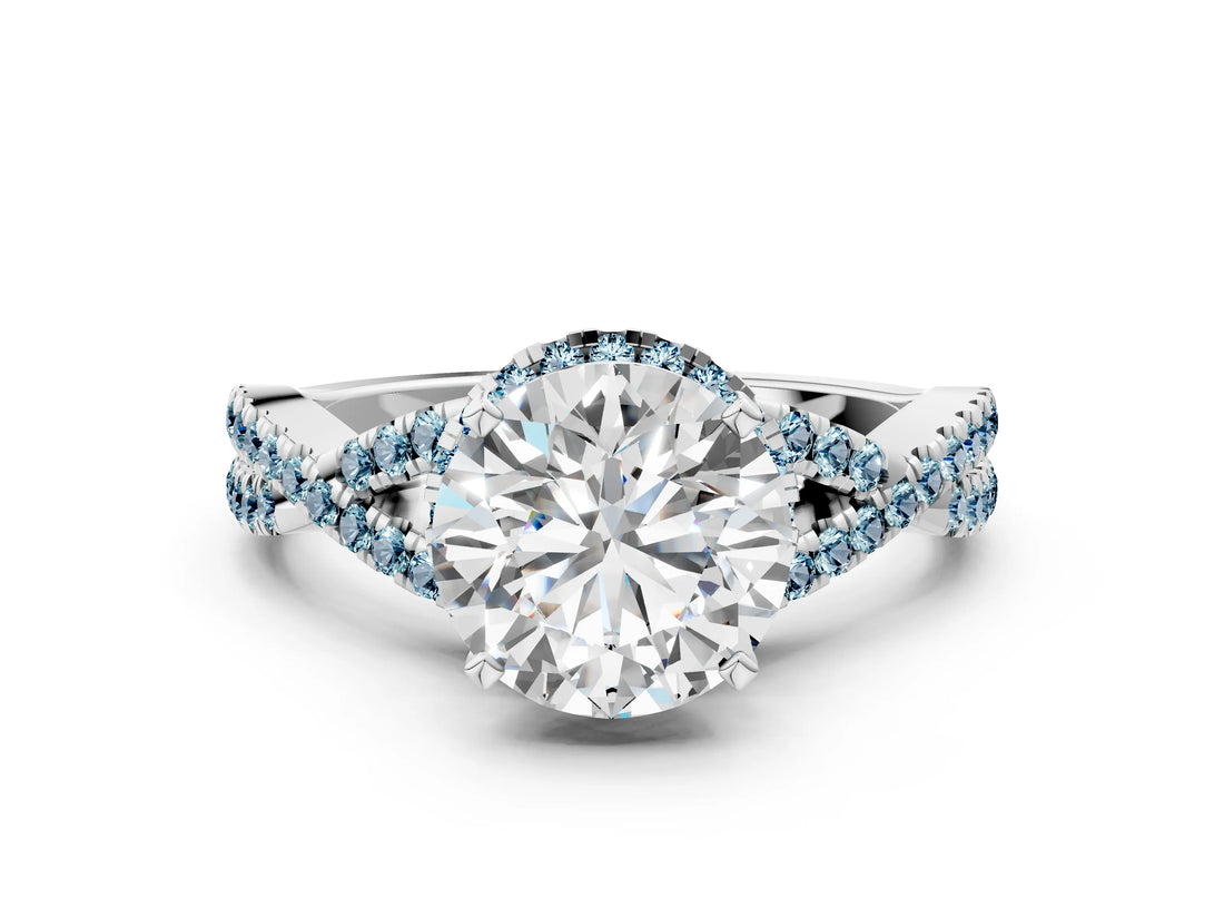 White gold Round Cut Diamond with Aquamarine side stone Halo Twist Band Solitaire Prong Setting Ring_24