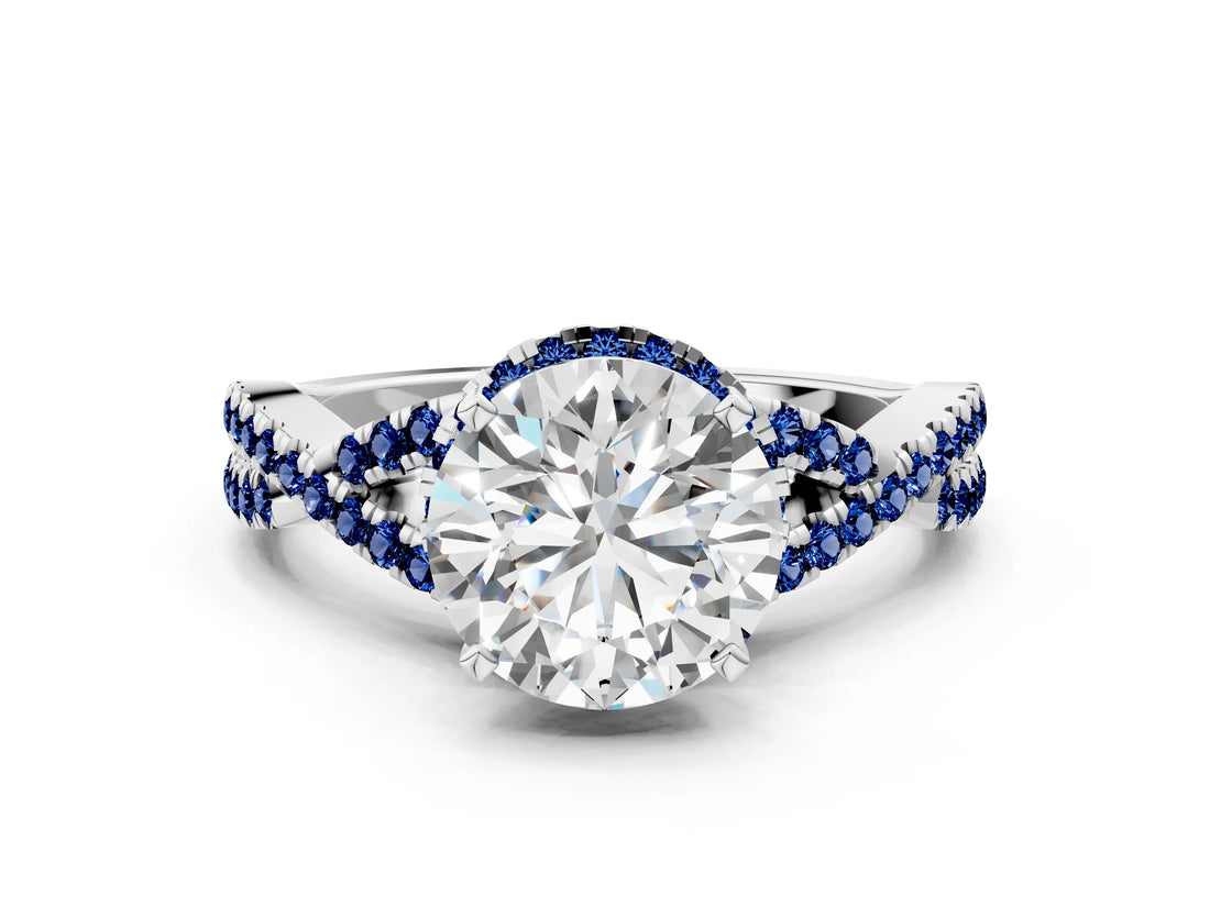 White gold Round Cut Diamond with Blue Sapphire side stone Halo Twist Band Solitaire Prong Setting Ring_12