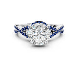White gold Round Cut Diamond with Blue Sapphire side stone Halo Twist Band Solitaire Prong Setting Ring_12