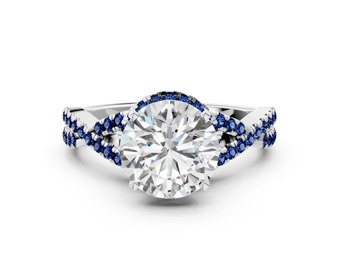 White gold Round Cut Diamond with Blue Sapphire side stone Halo Twist Band Solitaire Prong Setting Ring_12