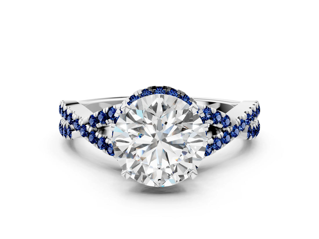 White gold Round Cut Diamond with Blue Sapphire side stone Halo Twist Band Solitaire Prong Setting Ring_50