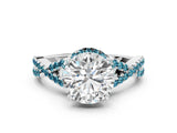 White gold Round Cut Diamond with Blue Topaz side stone Halo Twist Band Solitaire Prong Setting Ring_12