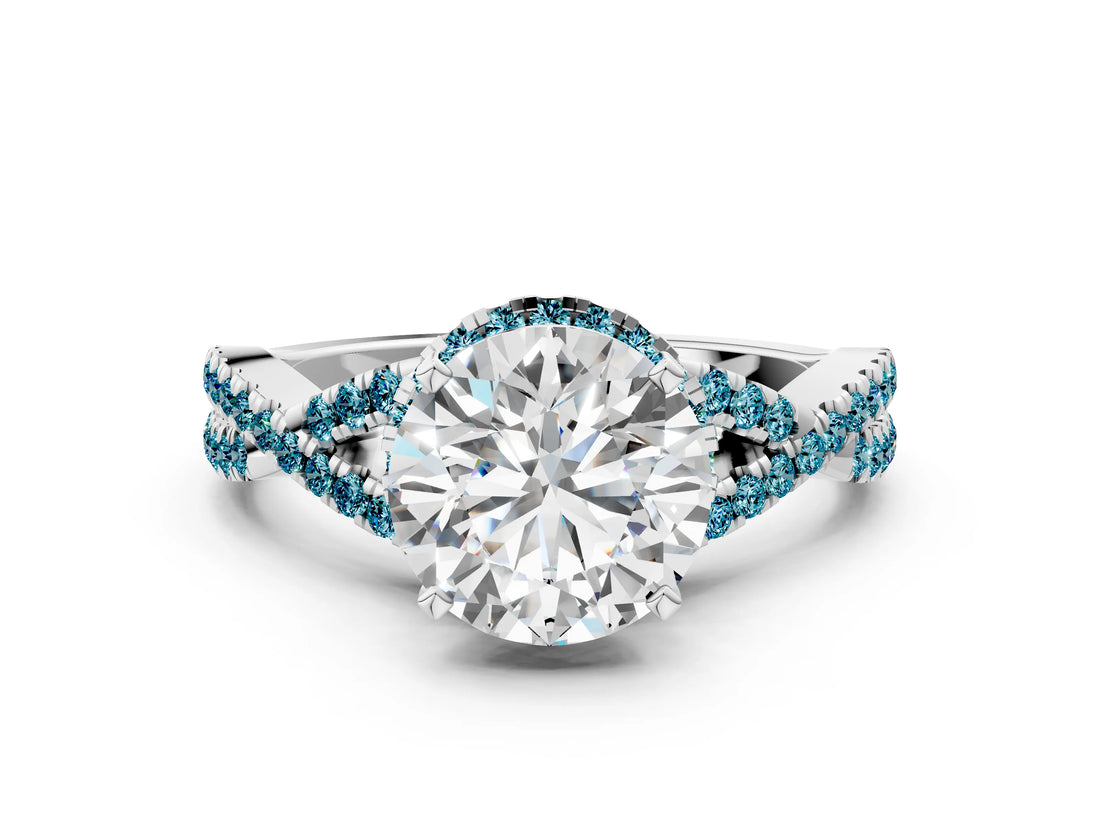 White gold Round Cut Diamond with Blue Topaz side stone Halo Twist Band Solitaire Prong Setting Ring_25