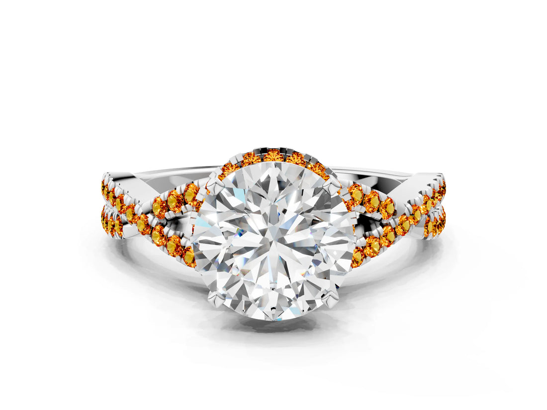 White gold Round Cut Diamond with Citrine side stone Halo Twist Band Solitaire Prong Setting Ring_12