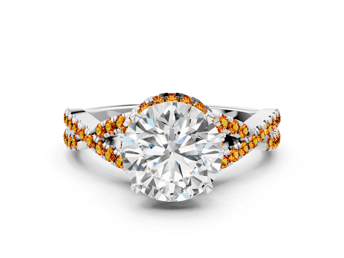 White gold Round Cut Diamond with Citrine side stone Halo Twist Band Solitaire Prong Setting Ring_24