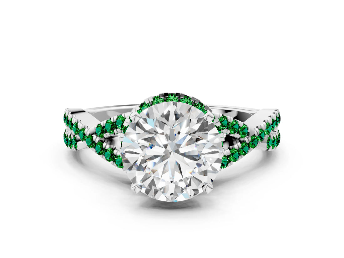 White gold Round Cut Diamond with Emerald side stone Halo Twist Band Solitaire Prong Setting Ring_12